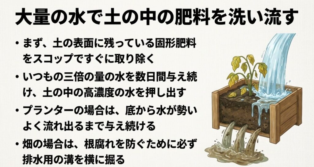 いつもの3倍の量の水を数日間与え続け、プランターの底から水が流れ出るまで土の中の肥料を洗い流す様子です 。
