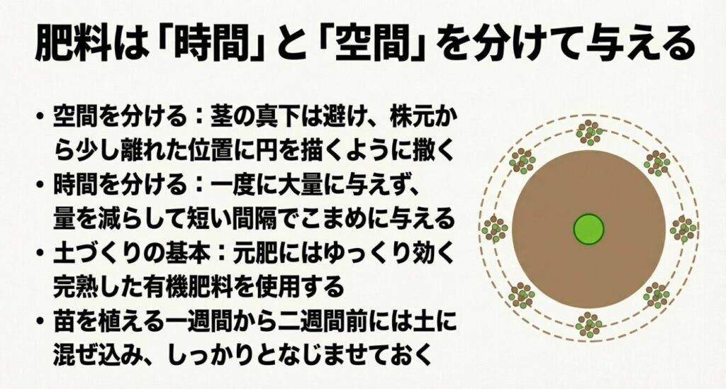 肥料を一度に大量に与えず、株元から離れた位置に円を描くようにこまめに撒く追肥の基本です 。