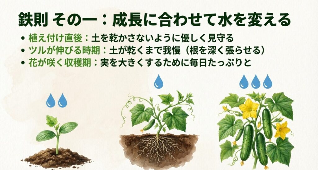 きゅうりの双葉から収穫期までの成長段階を示すイラスト