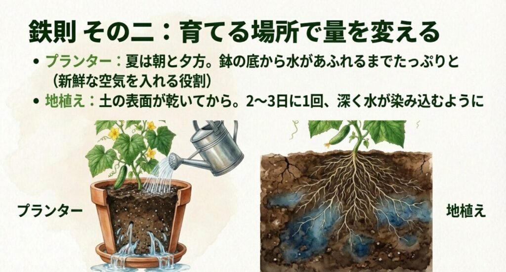 プランターと地植えにおけるきゅうりの根の張り方と水分の浸透比較図