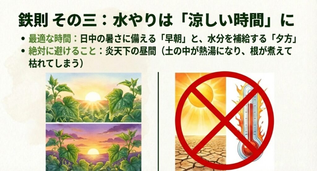 早朝と夕方のきゅうり畑と、水やりを避けるべき炎天下のイラスト