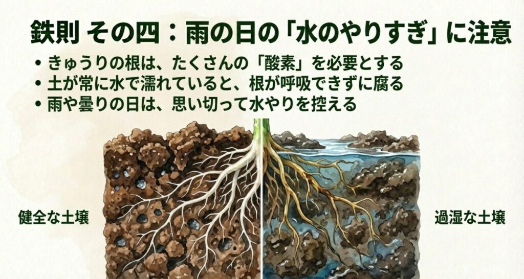 健全な土壌の根と、過湿状態で呼吸できなくなった根の比較