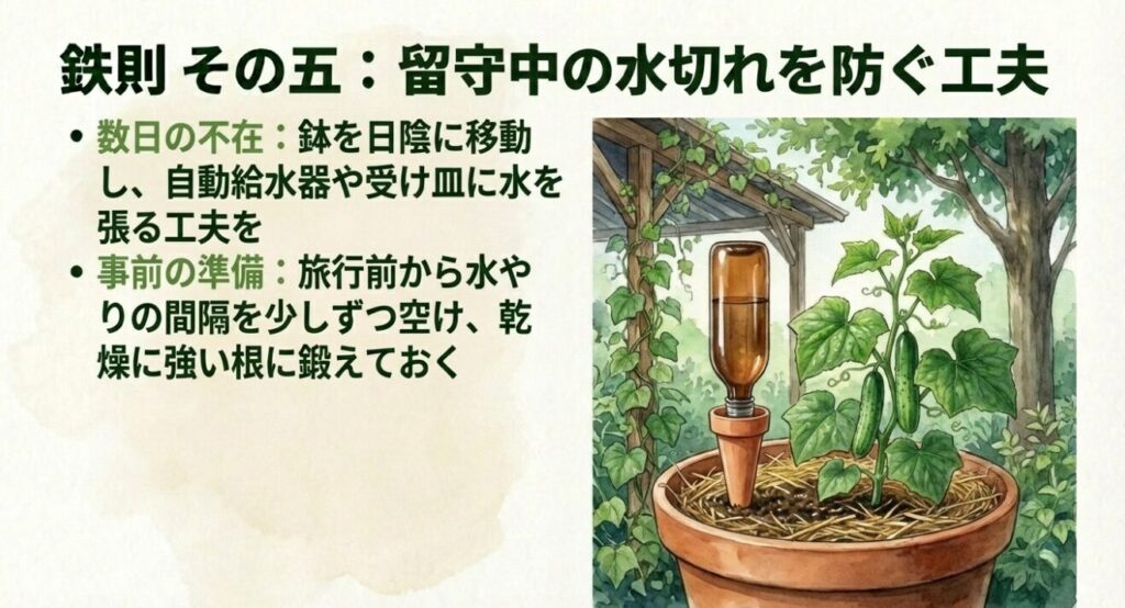 プランターに設置されたペットボトル式の自動給水器のイラスト