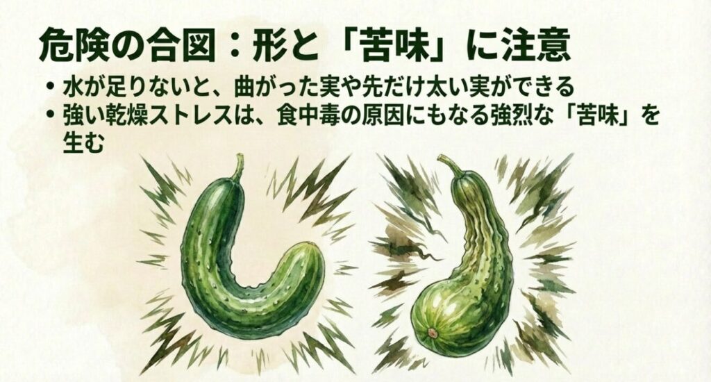 水分不足により曲がったきゅうりと尻太りになったきゅうりのイラスト
