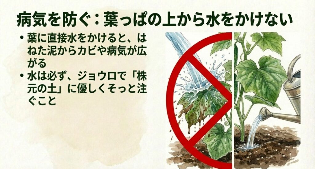 葉に水をかけず、ジョウロで株元の土に優しく水を注ぐイラスト