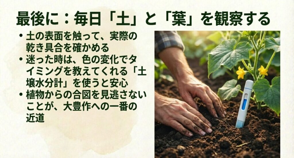 手で土の乾き具合を確かめ、土壌水分計を使用している様子