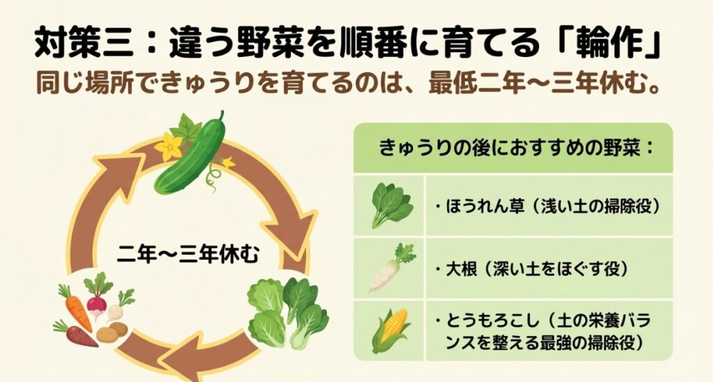 輪作の期間ときゅうりの後作におすすめの野菜（ほうれん草、大根、とうもろこし）の一覧表