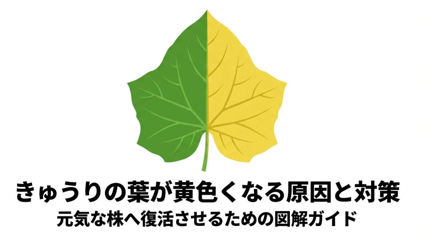 きゅうりの葉が半分黄色くなったイラスト。きゅうりの葉が黄色くなる原因と対策、元気な株へ復活させるための図解ガイド 。