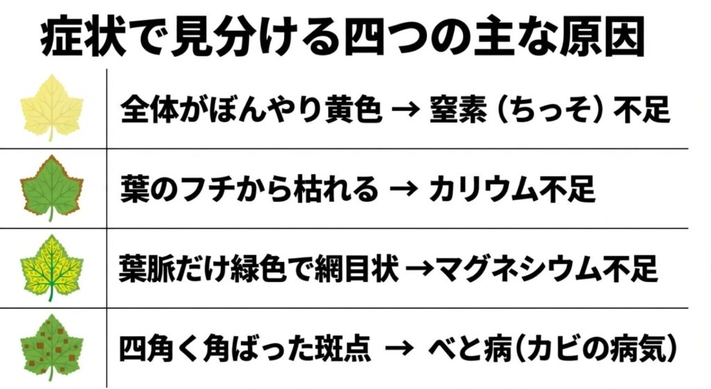 きゅうりの葉の症状で見分ける四つの主な原因（窒素不足、カリウム不足、マグネシウム不足、べと病）をまとめたリスト 。