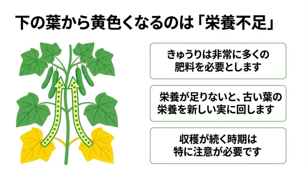 きゅうりの下の葉が黄色くなり、栄養が新しい実へ送られる栄養不足のメカニズムを図解 。