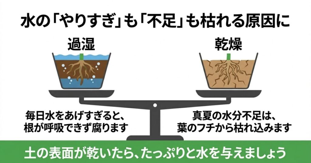 きゅうりの根が過湿で呼吸できなくなる状態と、乾燥でひび割れた土の様子を比較した図解 。