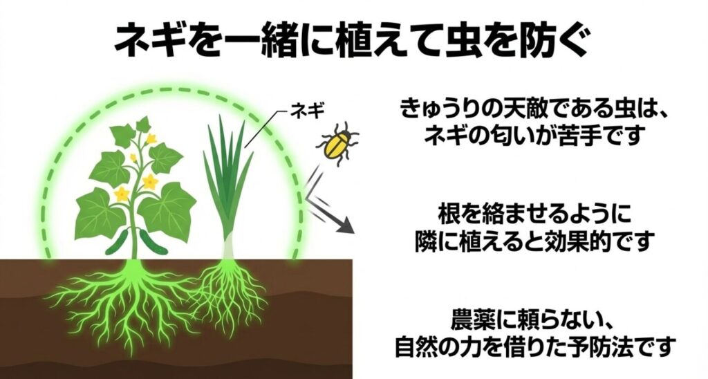 きゅうりの隣にネギを植え、根を絡ませることで害虫を自然の力で防ぐコンパニオンプランツの図解 。