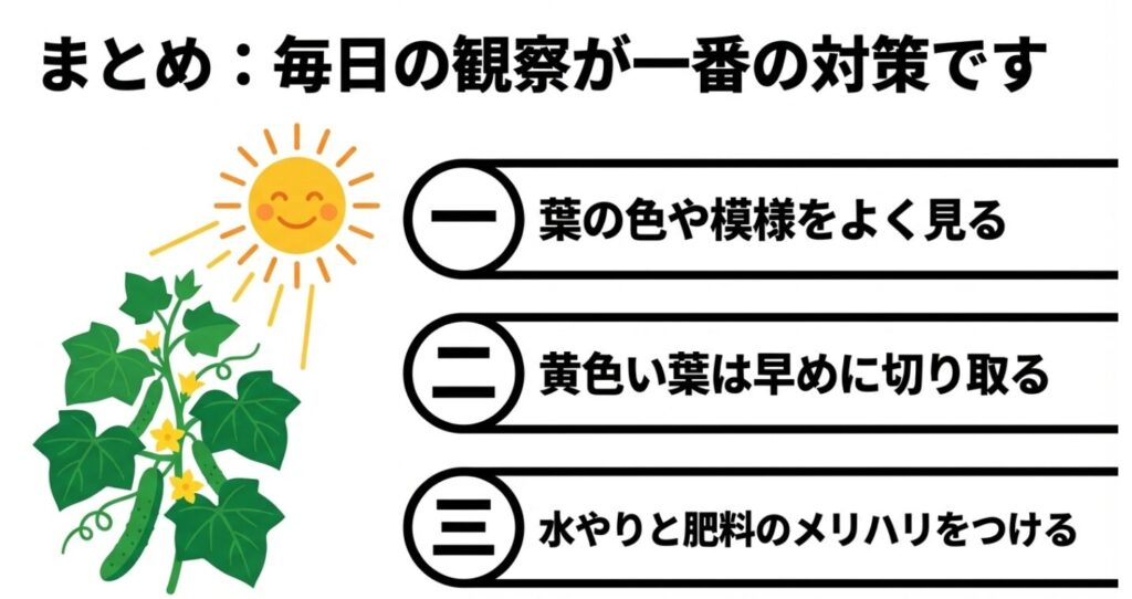 きゅうり栽培のまとめとして、毎日の観察、黄色い葉の切り取り、水やりと肥料のメリハリを挙げたチェックリスト 。