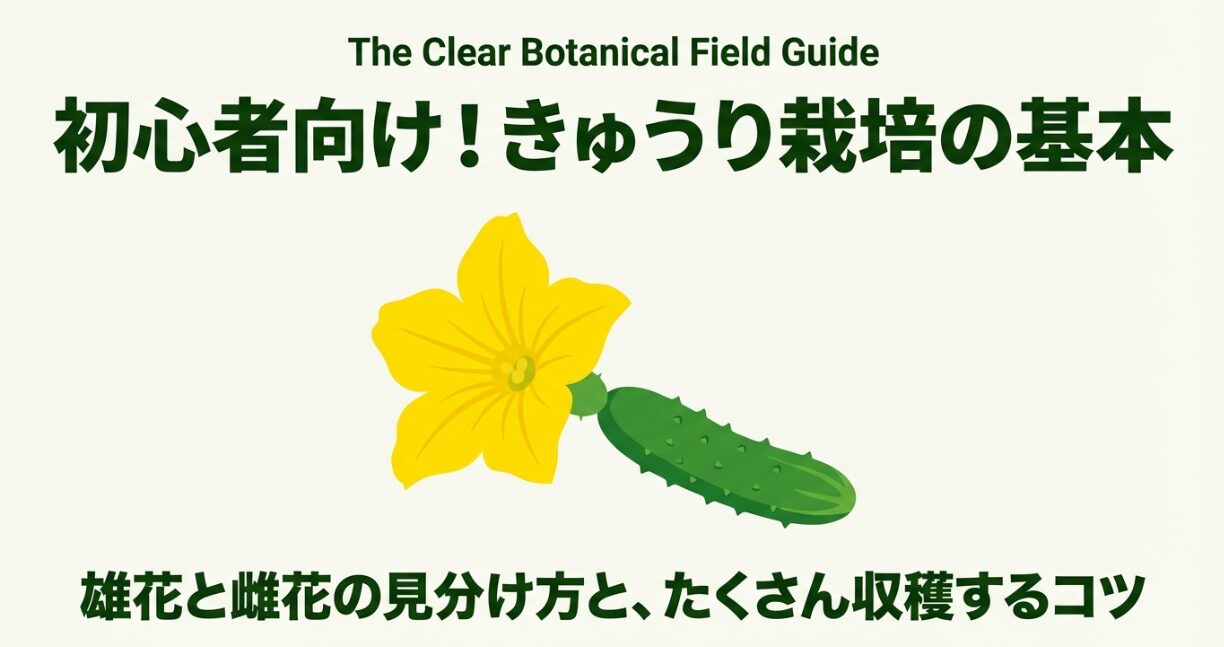 きゅうりの黄色い雄花と雌花の見分け方とたくさん収穫するコツを解説するタイトル画像