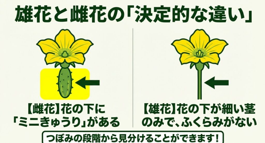 雌花の下にあるミニきゅうり(子房)のふくらみと、ふくらみがない雄花の細い茎の比較イラスト