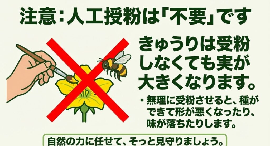 きゅうりは自然の力で実が大きくなるため、筆やミツバチを使った人工授粉は不要であることを示す注意イラスト