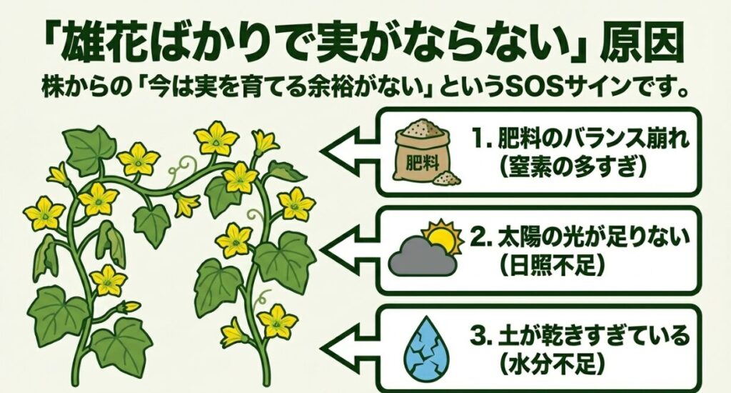 きゅうりが実を育てる余裕がない時に出すSOSサイン(窒素過多などの肥料バランス崩れ、日照不足、水分不足)の解説