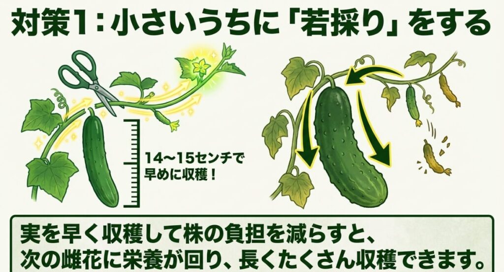 株の負担を減らして次の雌花に栄養を回すため、14から15センチの小さいうちに早めに収穫する若採りのイラスト