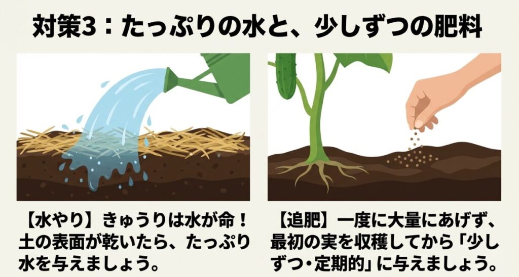 土の表面が乾いた時のたっぷりの水やりと、最初の実を収穫してから少しずつ定期的に与える追肥のイラスト