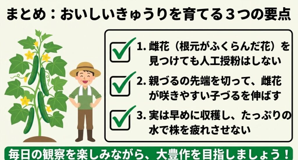 人工授粉はしない、親づるの先端を切る、早めに収穫してたっぷり水をあげるといった、おいしいきゅうりを育てる3つのポイントまとめ