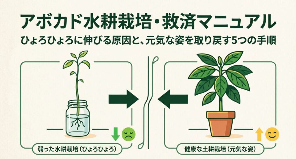 弱ってひょろひょろに伸びたアボカドの水耕栽培と、健康で元気な姿の土耕栽培の比較イラスト