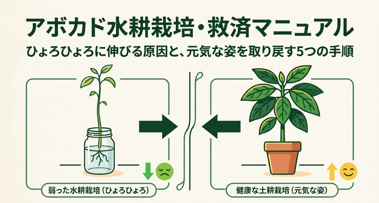 弱ってひょろひょろに伸びたアボカドの水耕栽培と、健康で元気な姿の土耕栽培の比較イラスト