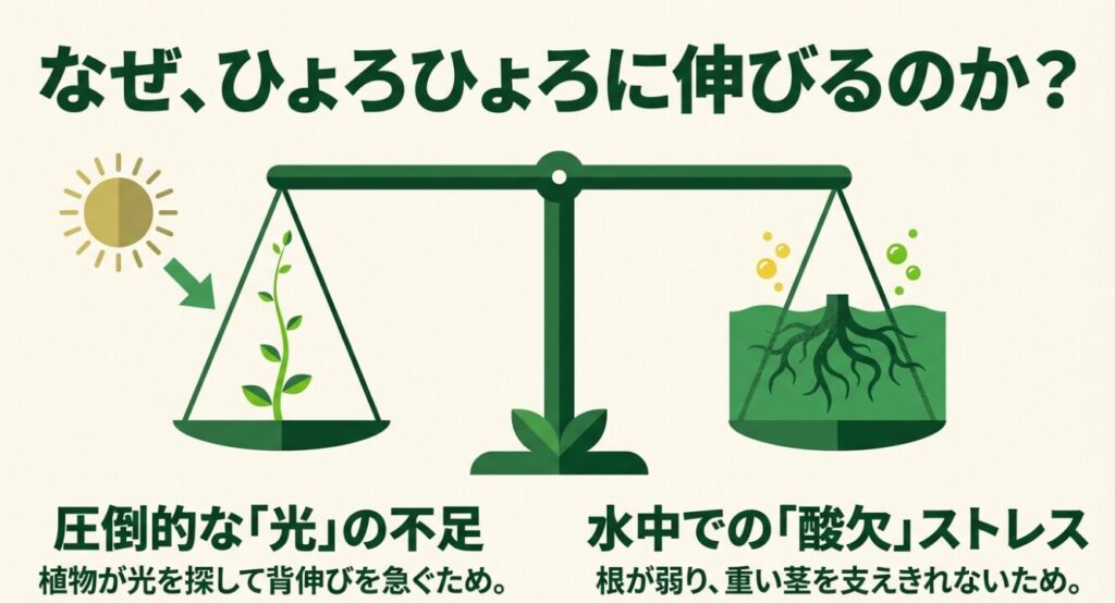 アボカドが徒長する原因である圧倒的な光不足と、根が重い茎を支えきれなくなる水中での酸欠ストレスを図解
