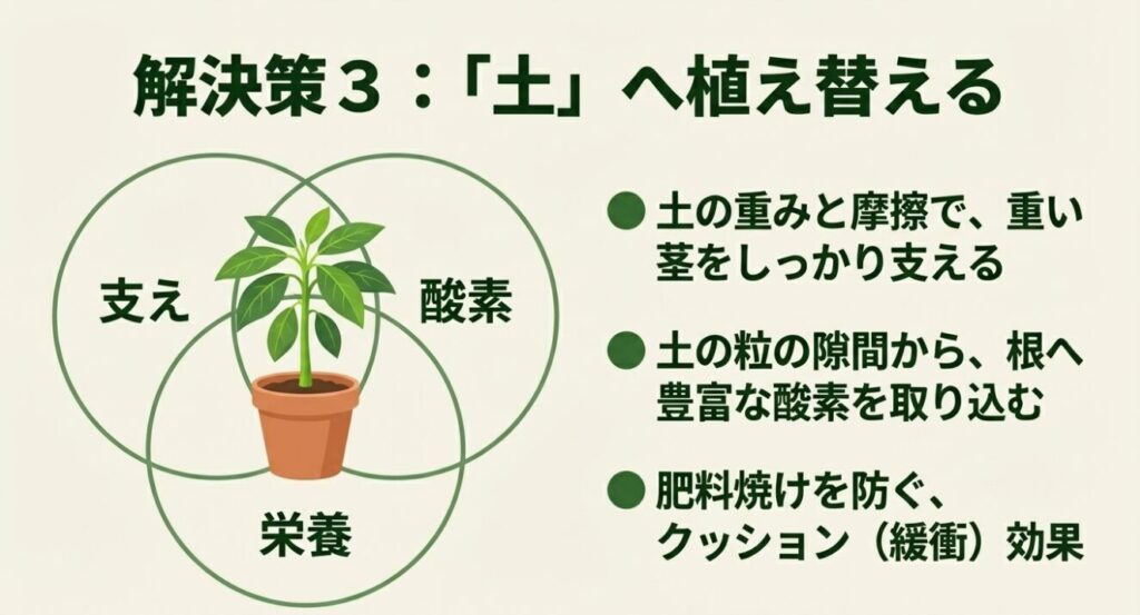 土への植え替えにより、重い茎を支える物理的な力、土の粒の隙間からの豊富な酸素、肥料焼けを防ぐクッション効果が得られる図解