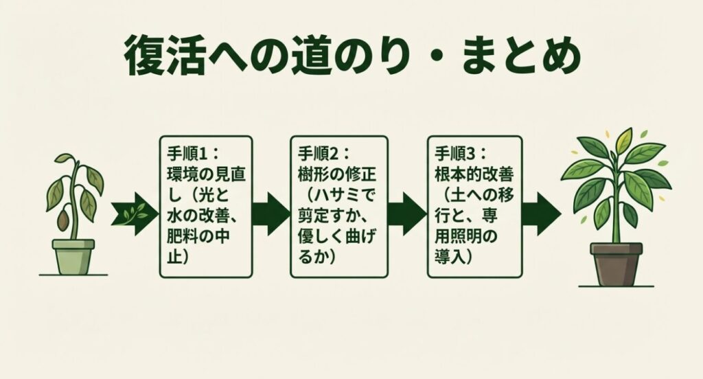環境の見直しと肥料の中止、ハサミや曲げることによる樹形の修正、土への移行と専用照明の導入というアボカド復活への3つの手順まとめ