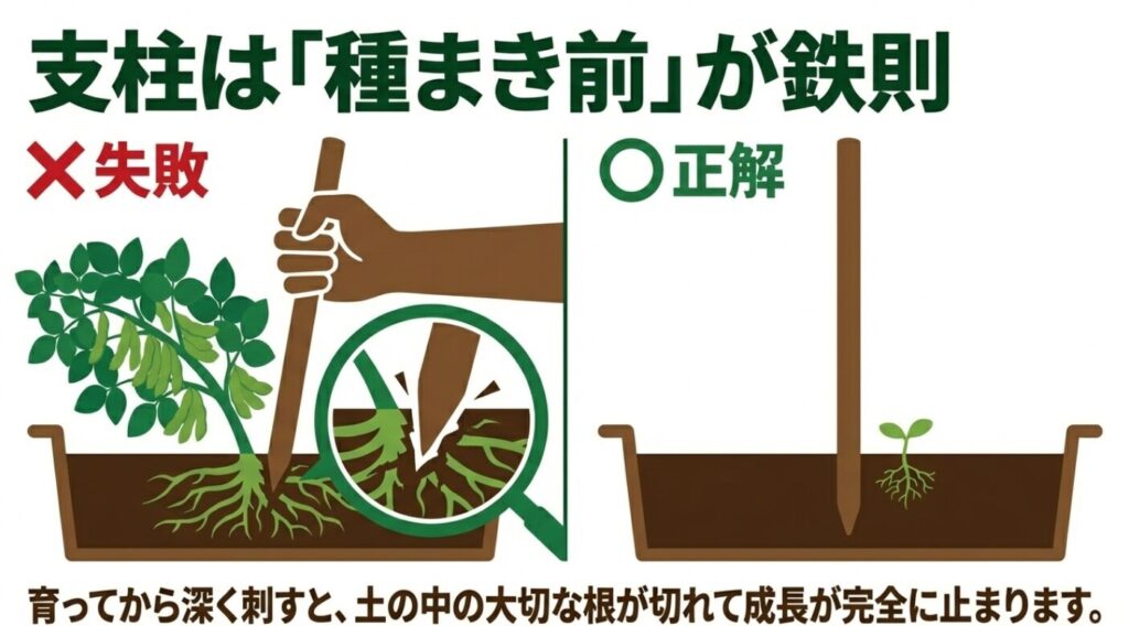 枝豆の支柱は種まき前が鉄則。根が切れる失敗例と正しい設置時期