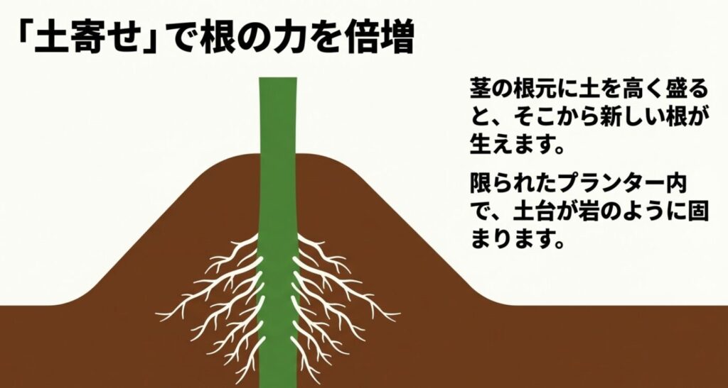 茎の根元に土を盛る土寄せで新しい根を生やし枝豆の土台を安定させる方法