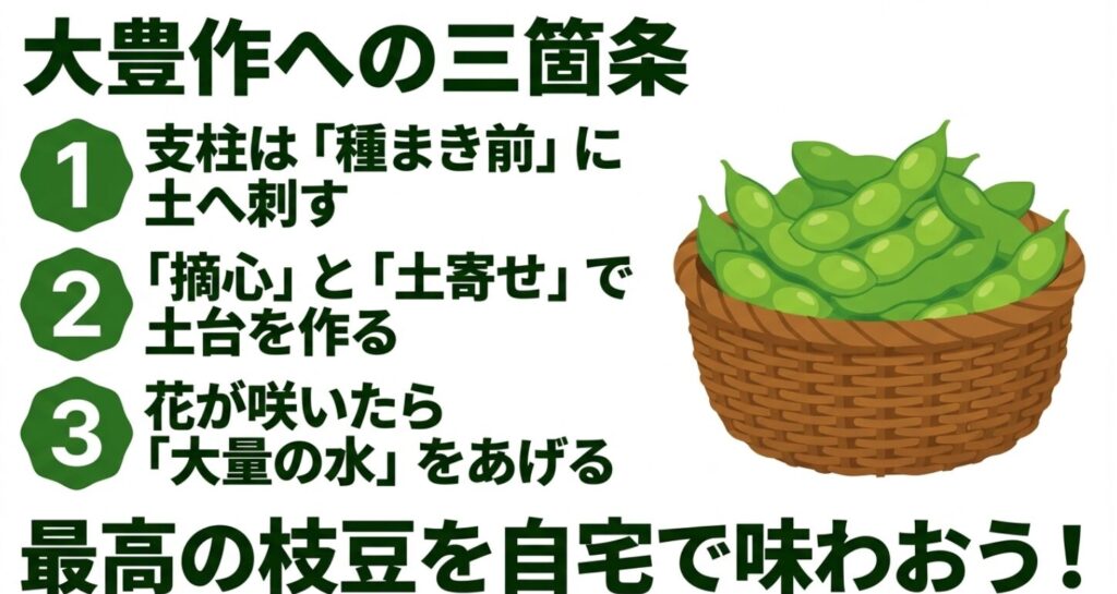プランター枝豆を大豊作に導く支柱・土寄せ・水やりの3箇条