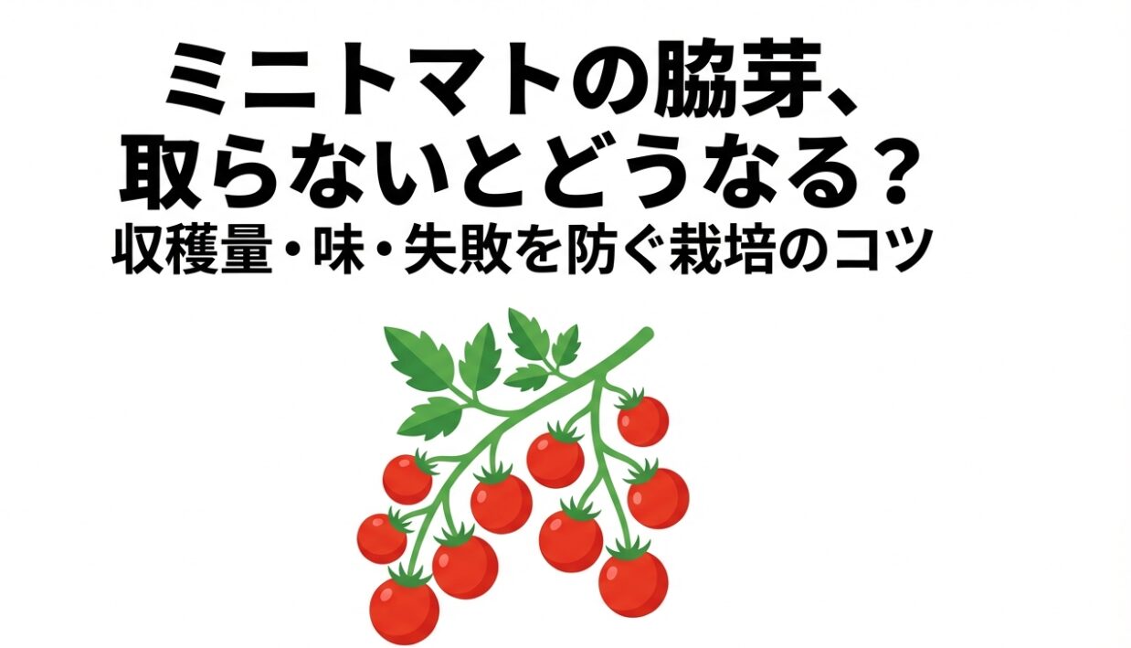 たわわに実ったミニトマトのイラストと、「ミニトマトの脇芽、取らないとどうなる？収穫量・味・失敗を防ぐ栽培のコツ」というタイトルテキスト 。