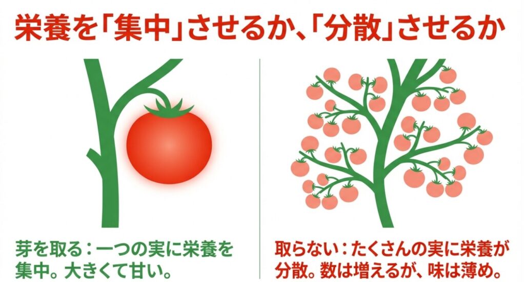 大きな実が1つついたイラストと、小さな実がたくさんついたイラスト。「栄養を『集中』させるか、『分散』させるか」というテーマで、芽を取ると大きくて甘くなり 、取らないと数は増えるが味が薄めになる ことを説明した図。