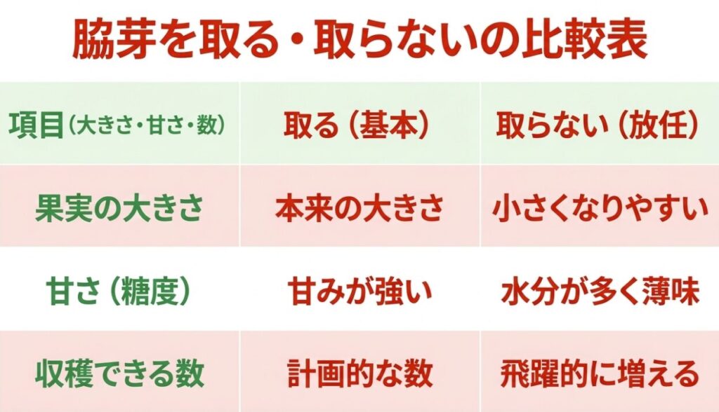 「脇芽を取る・取らないの比較表」として、果実の大きさ、甘さ(糖度)、収穫できる数を「取る(基本)」と「取らない(放任)」で比較した表の画像 。
