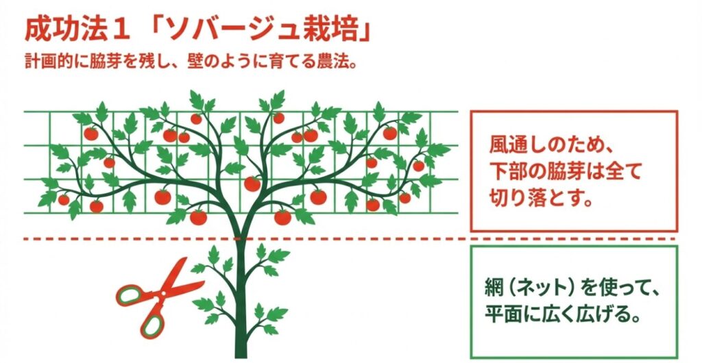 網(ネット)を使って平面に広く広げ 、風通しのために下部の脇芽をハサミで切り落とす 「ソバージュ栽培」を解説したイラスト 。