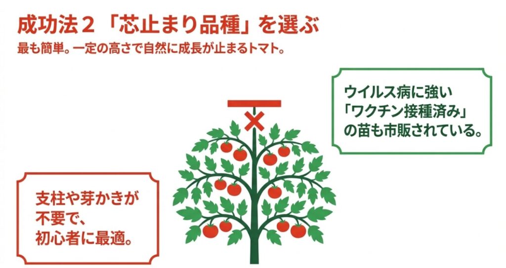 一定の高さで成長が止まるトマトのイラスト。支柱や芽かきが不要で初心者に最適な「芯止まり品種」や、ウイルス病に強いワクチン接種済みの苗について説明している 。
