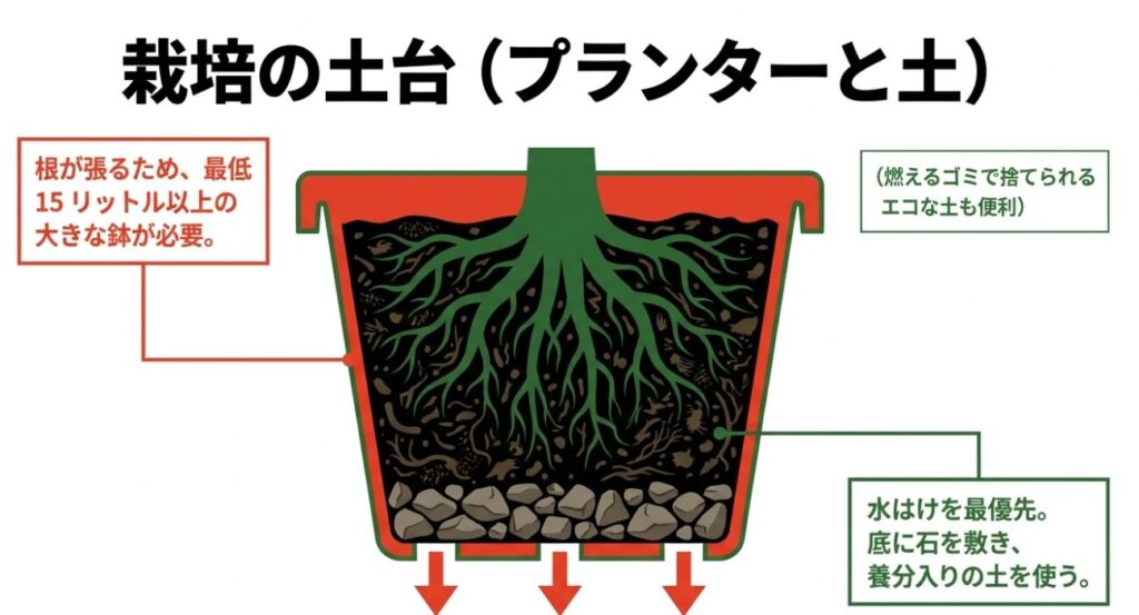 栽培の土台作りとして、最低15リットル以上の大きな鉢が必要であることや、水はけを最優先にして底に石を敷き、養分入りの土を使うことなどを解説したスライド 。