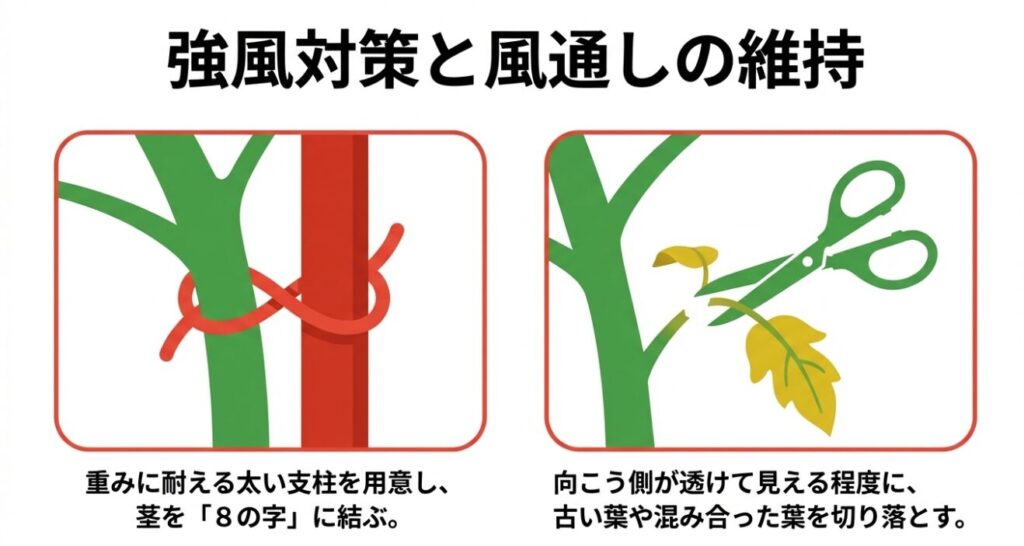 茎を支柱に「8の字」に結ぶイラストと、ハサミで古い葉を切り落とすイラスト。強風対策と風通しの維持のために、太い支柱を用意することや、向こう側が透けて見える程度に葉を切ることを推奨している 。
