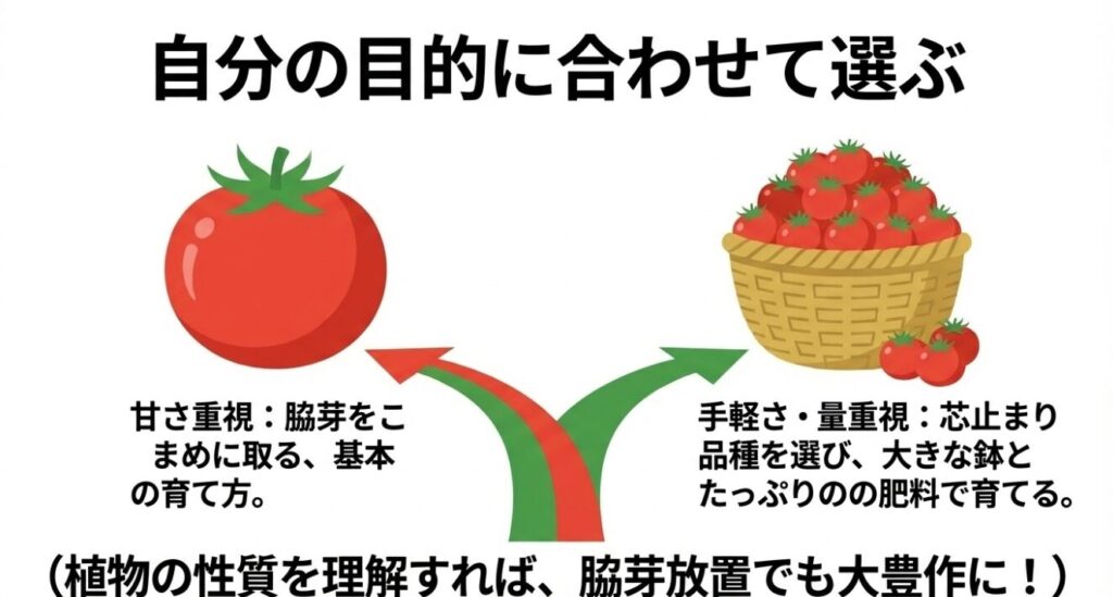 大きな1つのトマトと、カゴに山盛りになったトマトのイラスト。「自分の目的に合わせて選ぶ」として、甘さ重視なら脇芽を取り、手軽さと量重視なら芯止まり品種で脇芽を放置して育てる方法を比較している 。