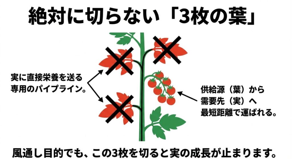 トマトの茎と葉、実のイラスト。実に最短距離で直接栄養を送る専用のパイプラインであるため、絶対に切らない「3枚の葉」を示した図解