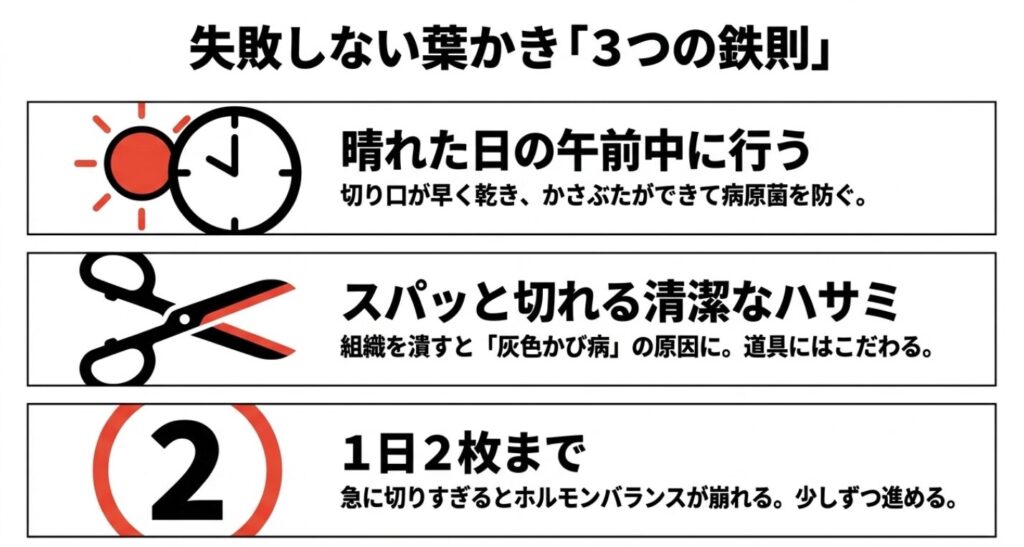 太陽と時計のイラスト。葉かきは晴れた日の午前中に行い、清潔なハサミを使い、1日2枚までに留めるという3つの鉄則をまとめたスライド