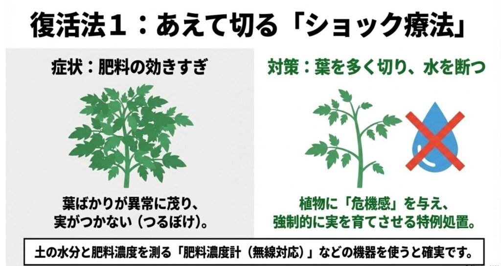 葉が茂ったトマトの株と水やり禁止のマーク。肥料の効きすぎ（つるぼけ）に対して、葉を多く切り水を断つことで植物に危機感を与え、強制的に実を育てさせる特例処置を説明したスライド