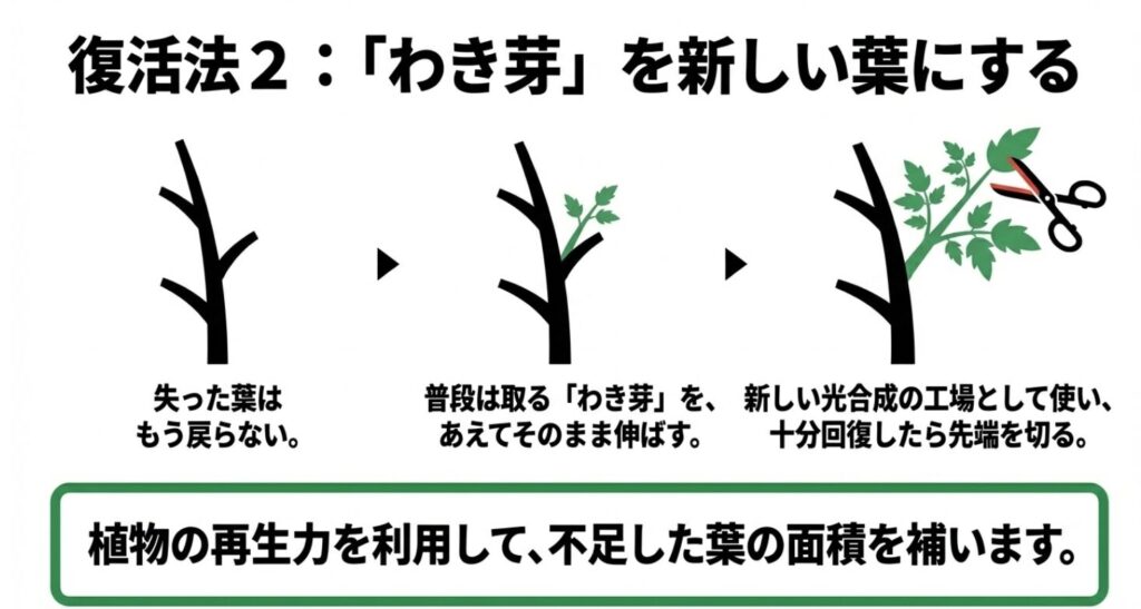 トマトの茎からわき芽が伸びて、ハサミで切られるイラスト。普段は取る「わき芽」を新しい光合成の工場として伸ばし、植物の再生力を利用して不足した葉の面積を補う復活法