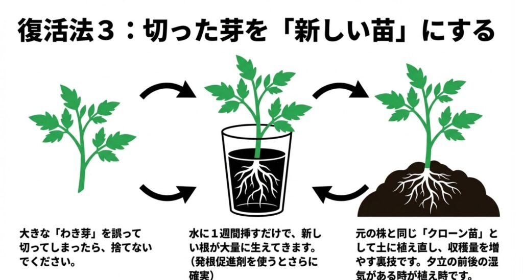 誤って切った大きな「わき芽」を水に1週間挿して発根させ、元の株と同じクローン苗として土に植え直して収穫量を増やす裏技の解説