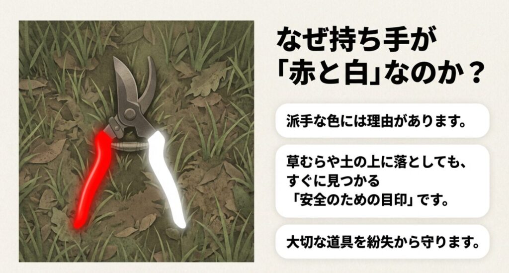 岡恒の剪定鋏の持ち手が赤と白である理由は、草むらや土の上に落としてもすぐに見つかる安全のための目印であることを解説した画像