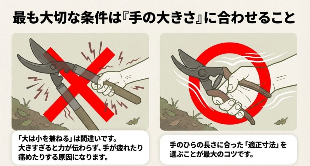 剪定鋏選びにおいて大は小を兼ねるは間違いであり、手のひらの長さに合った適正寸法を選ぶことが疲労や痛みを防ぐ最大のコツであることを説明した画像