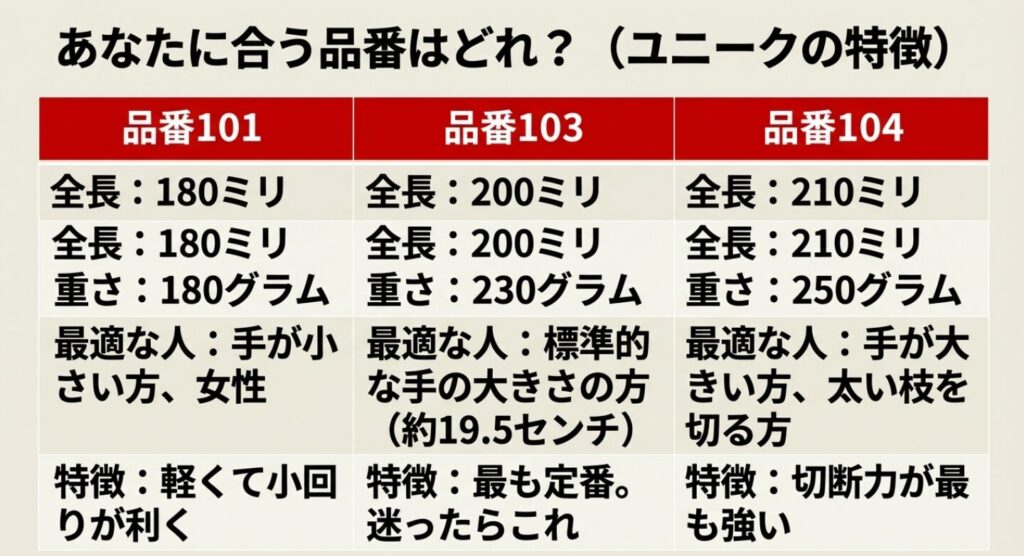 岡恒の剪定鋏ユニークシリーズである品番101、103、104の全長や重さ、最適な手の大きさなどをまとめた比較表