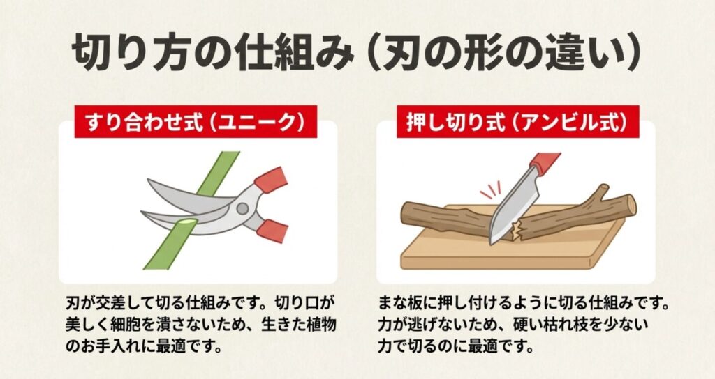 刃が交差して切るすり合わせ式のユニークと、まな板に押し付けるように切断する押し切り式のアンビル式の仕組みの違いを比較したイラスト画像