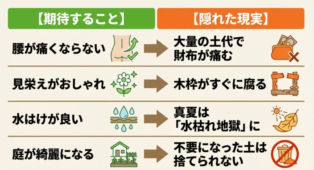 腰が痛くならないなどの期待に対して、大量の土代で財布が痛む、真夏は水枯れ地獄になるなどのレイズドベッドの隠れた現実